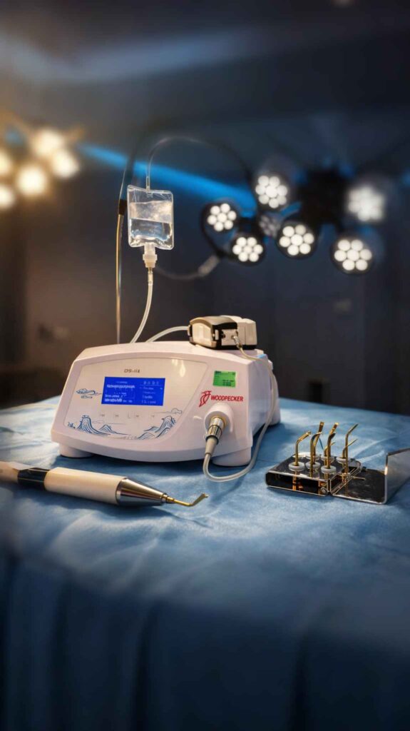 Piezo-ultrasonic rhinoplasty device with handpiece and surgical tips on a sterile operating table, illuminated by blurred operating room lights and an IV bag in the background.