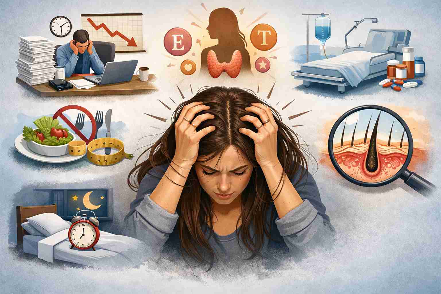 Ilustración conceptual sobre la caída del cabello por estrés: mujer preocupada rodeada de factores como trabajo, hormonas, dieta, enfermedad y falta de sueño.