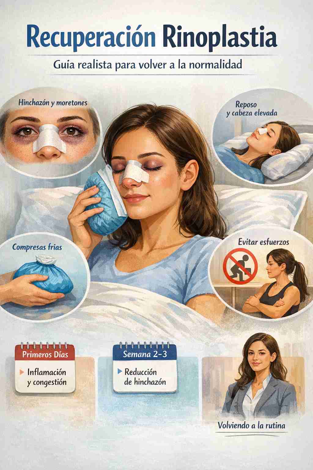 Ilustración sobre la recuperación tras una rinoplastia, con cuidados, hinchazón y mejora progresiva.