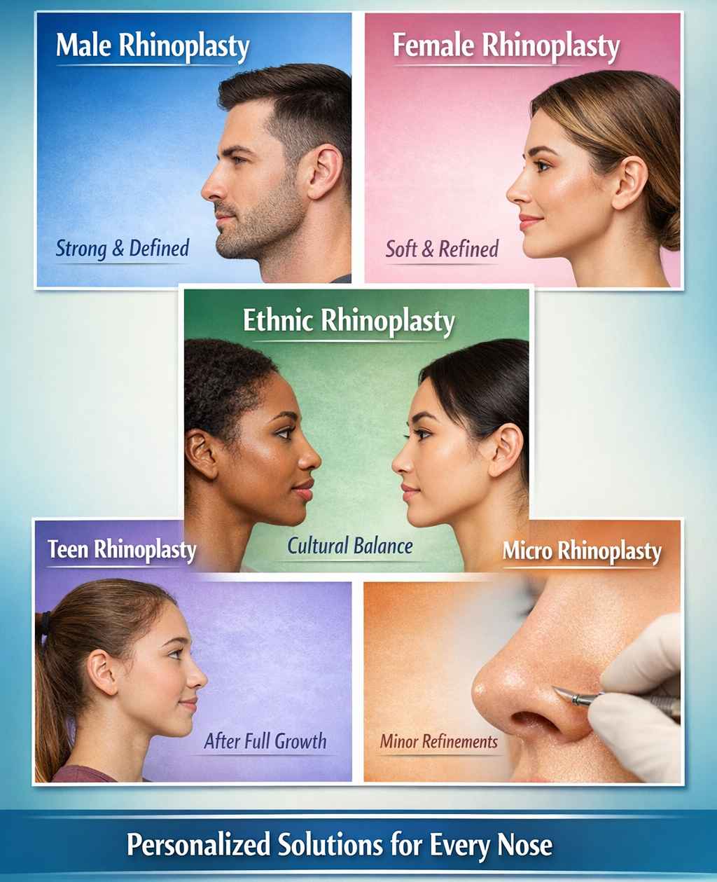 Infographic showing types of rhinoplasty: male, female, ethnic, teen, and micro, highlighting different aesthetic goals and personalized treatments.