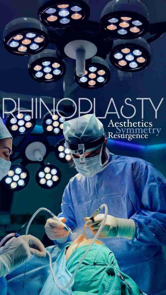 Chirurg führt eine Rhinoplastik unter OP-Leuchten durch.