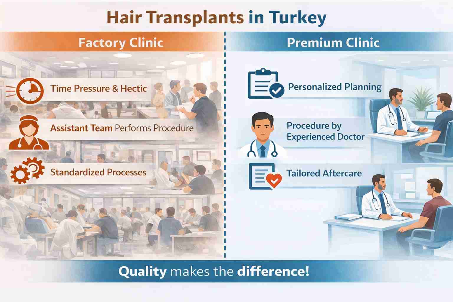Infographic comparing hair transplant clinics in Turkey: a busy “Factory Clinic” with time pressure and assistant-led procedures versus a calm “Premium Clinic” offering personalized planning, experienced doctors, and tailored aftercare, ending with “Quality makes the difference!”