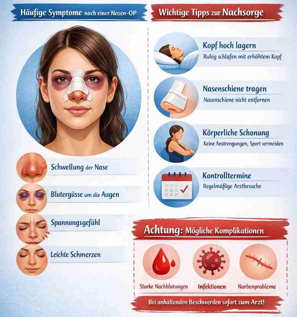 Infografik zu normalen Begleiterscheinungen nach einer Nasen-OP mit Darstellung von Schwellungen, Blutergüssen, Nachsorge-Tipps und möglichen Komplikationen.