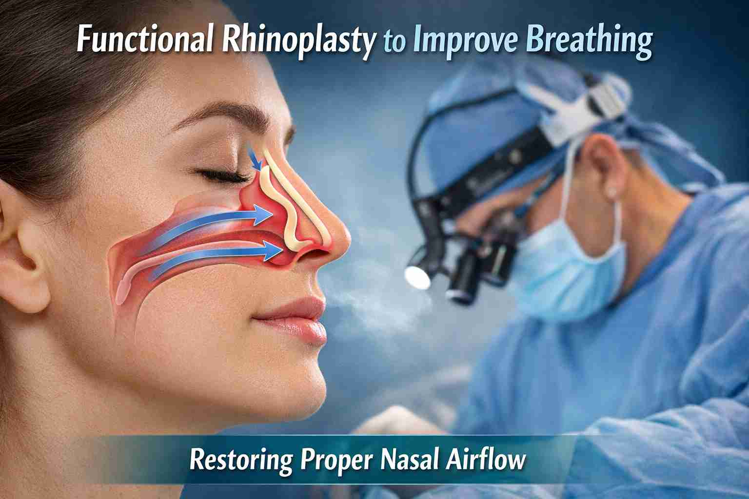 Alt text: Illustration of a woman’s nose showing improved airflow after functional rhinoplasty, with a surgeon in the background and text about restoring nasal breathing.
