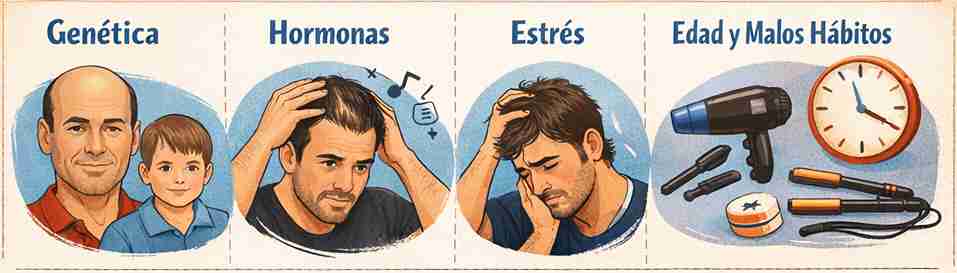 Ilustración dividida en cuatro secciones sobre las causas de la caída del cabello: genética (hombre y niño), hormonas (hombre tocándose la cabeza), estrés (hombre preocupado) y edad y malos hábitos (secador, reloj y herramientas de peinado).