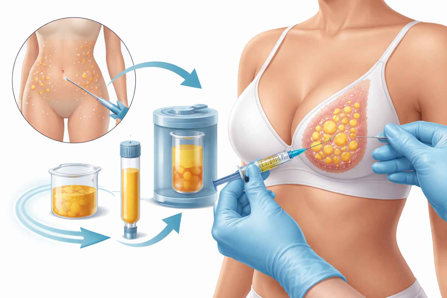 Medical illustration showing the process of breast augmentation with fat transfer: fat is removed from areas like the abdomen through liposuction, purified in a medical container, and then injected into the breast using a syringe to enhance volume naturally.