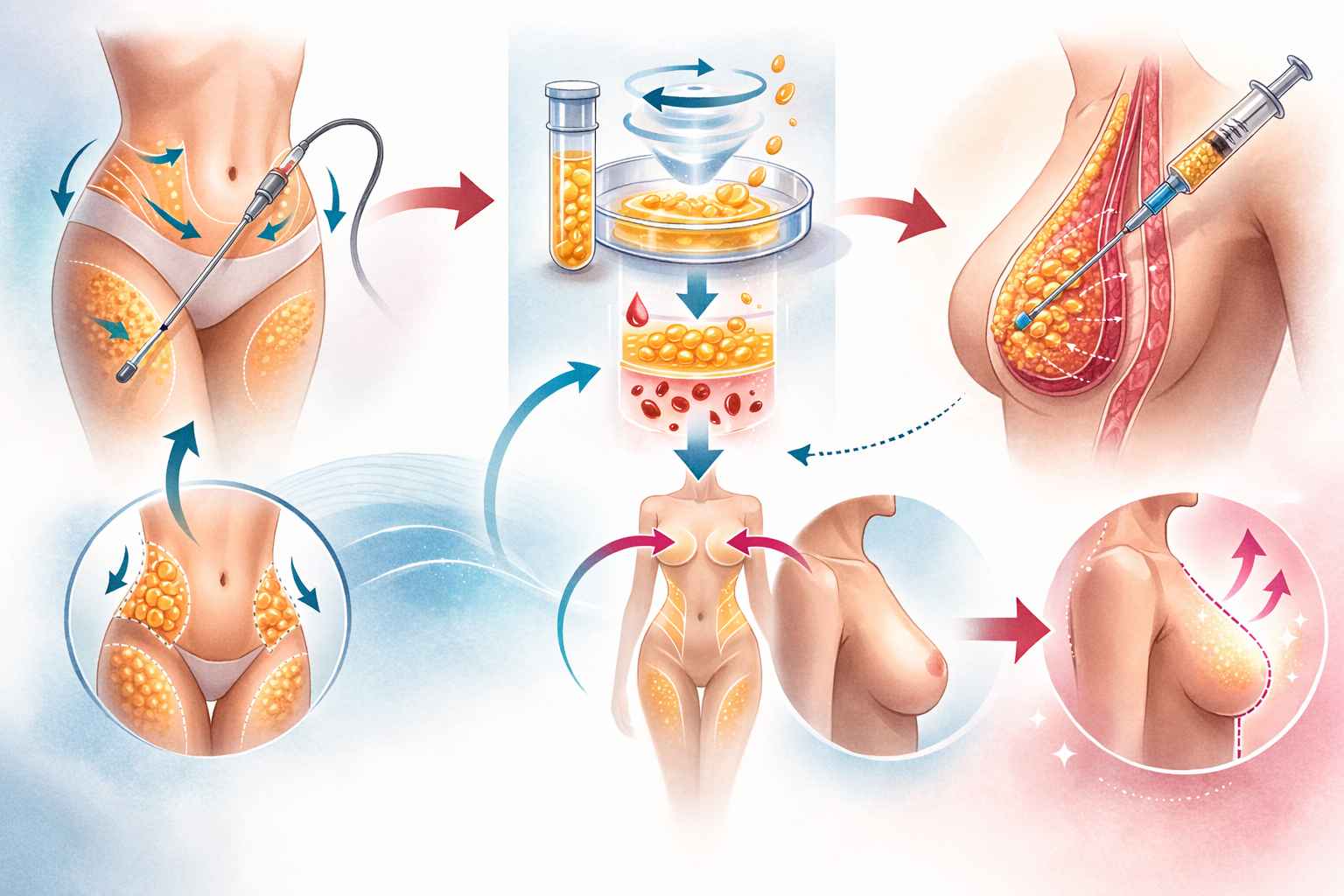 Illustration of Breast Augmentation With Fat Transfer showing fat removed from areas like the abdomen and thighs, processed, and then injected into the breasts to enhance volume and shape without implants.