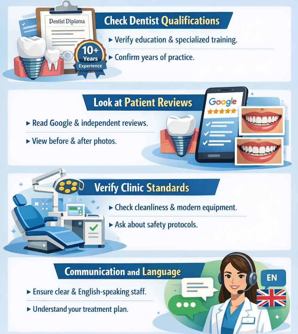 Infographic showing how to choose a dental clinic abroad: check dentist qualifications, read patient reviews, verify clinic cleanliness and equipment, and ensure clear communication with English-speaking staff.