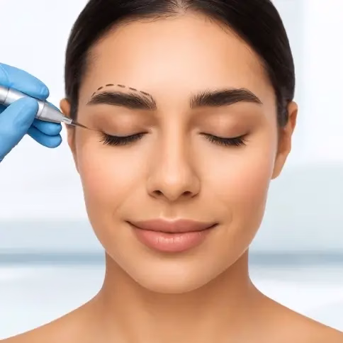 Augenbrauentransplantation Türkei 3 Frau mit geschlossenen Augen, der von einer Fachkraft mit blauen Handschuhen eine Markierung über der Augenbraue für eine Augenbrauentransplantation oder Schönheitsbehandlung gezeichnet wird.