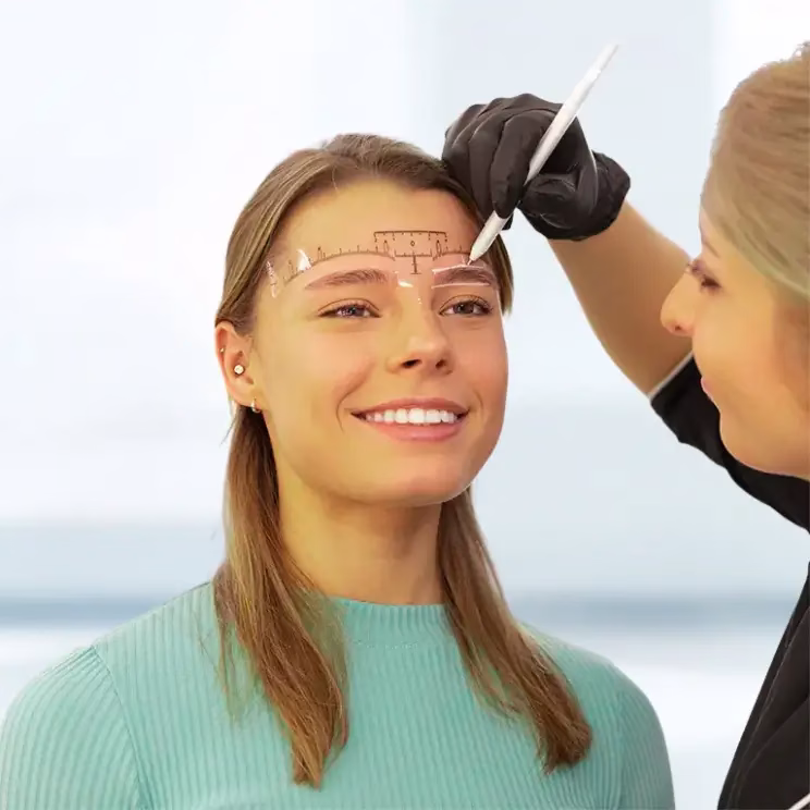 Augenbrauentransplantation Türkei 8 Vorbereitung auf Augenbrauentransplantation – Kosmetikerin markiert Augenbrauenform mit Schablone bei lächelnder Frau vor der Behandlung.