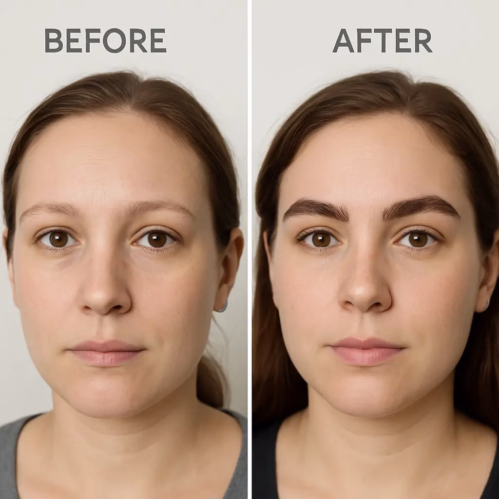 Augenbrauentransplantation Türkei 1 Vorher-nachher-Vergleich einer Frau nach einer Augenbrauentransplantation Türkei. Links im „Before“-Bild sind ihre Augenbrauen dünn und lückenhaft, während sie im „After“-Bild rechts deutlich dichter, gleichmäßiger und symmetrischer erscheinen. Beide Aufnahmen zeigen die Frau frontal mit neutralem Gesichtsausdruck vor hellem Hintergrund.