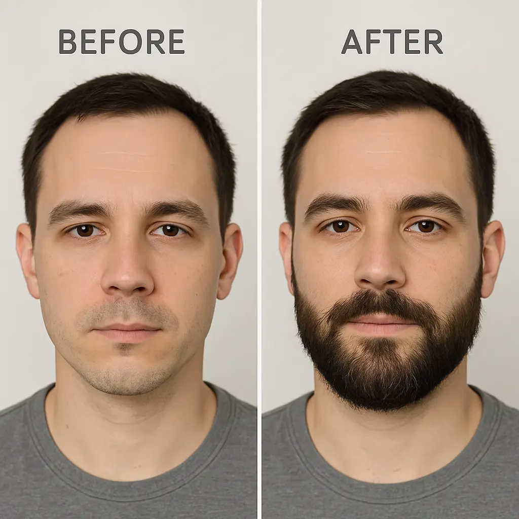 Comparación de un hombre antes y después de un injerto de barba. En la imagen de la izquierda (“Before”), el hombre aparece afeitado, mientras que en la imagen de la derecha (“After”) muestra una barba completa y bien definida, evidenciando el resultado del procedimiento.