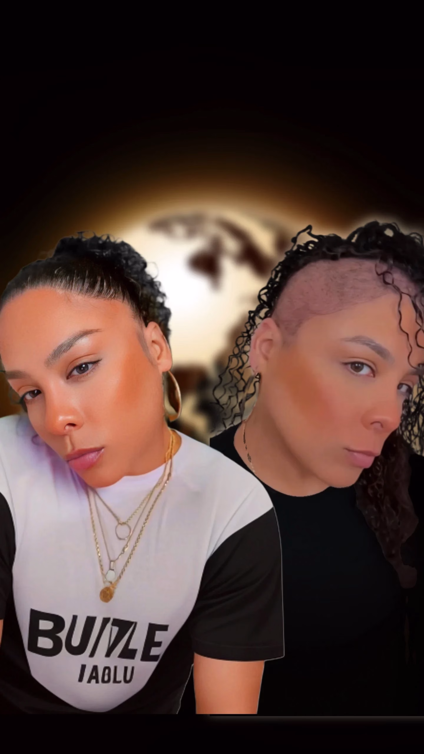 Dos vistas de la misma persona mostrando estilos capilares diferentes: un moño alto y un lado rapado con rizos, sobre un fondo oscuro con un globo iluminado.